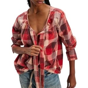 We The Free People Big Bow Plaid Pullover Top Oversized Size Small Red Combo New